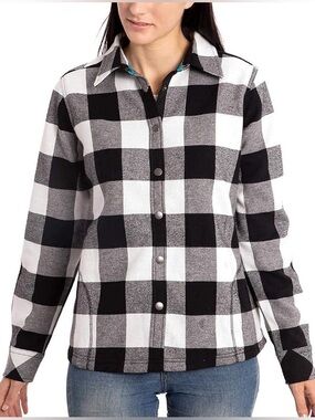 💜Orvis Women Plaid Fleece Jacket Lined Flannel Shacket Black White S EUC